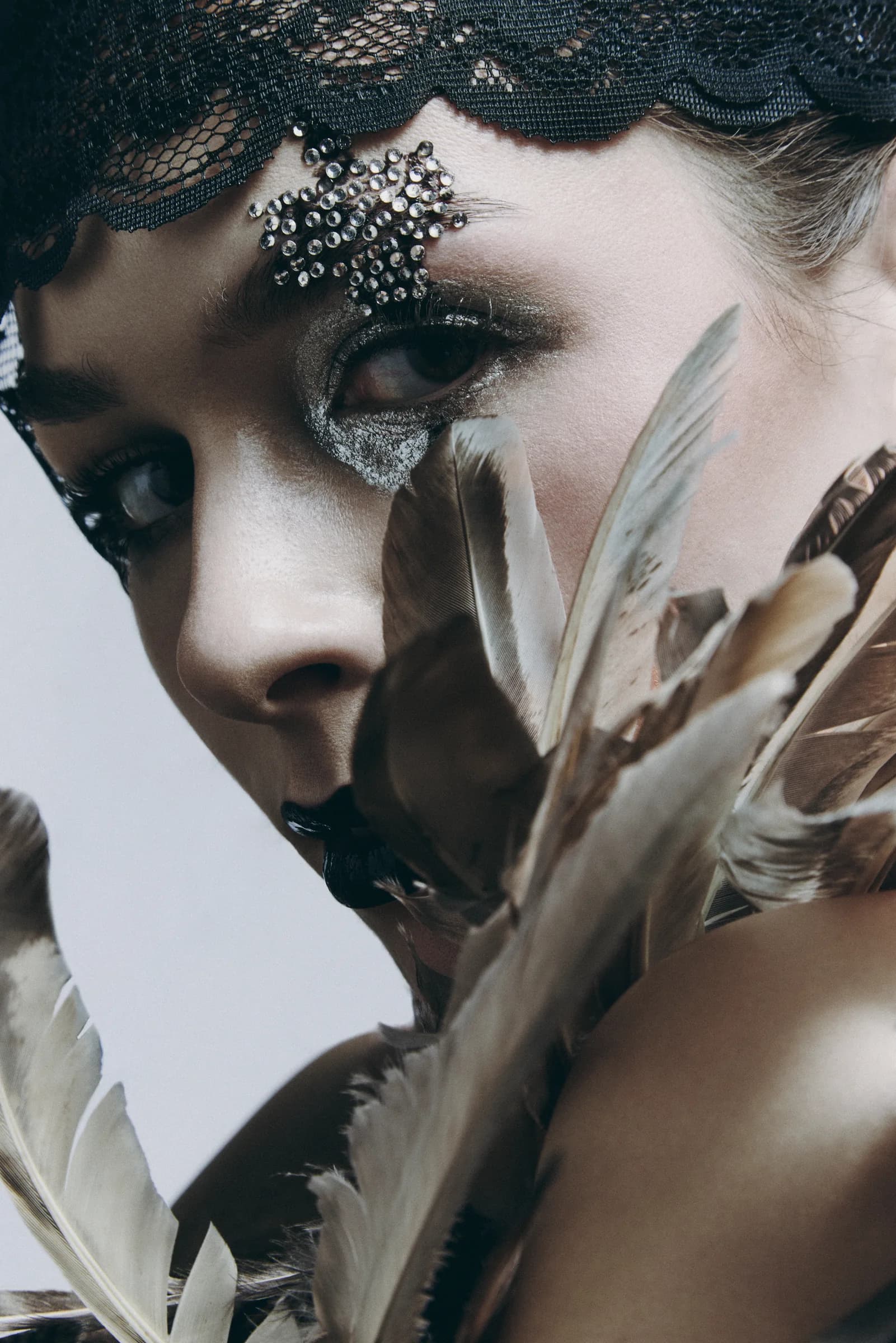Close beauty portrait with black lace and feather